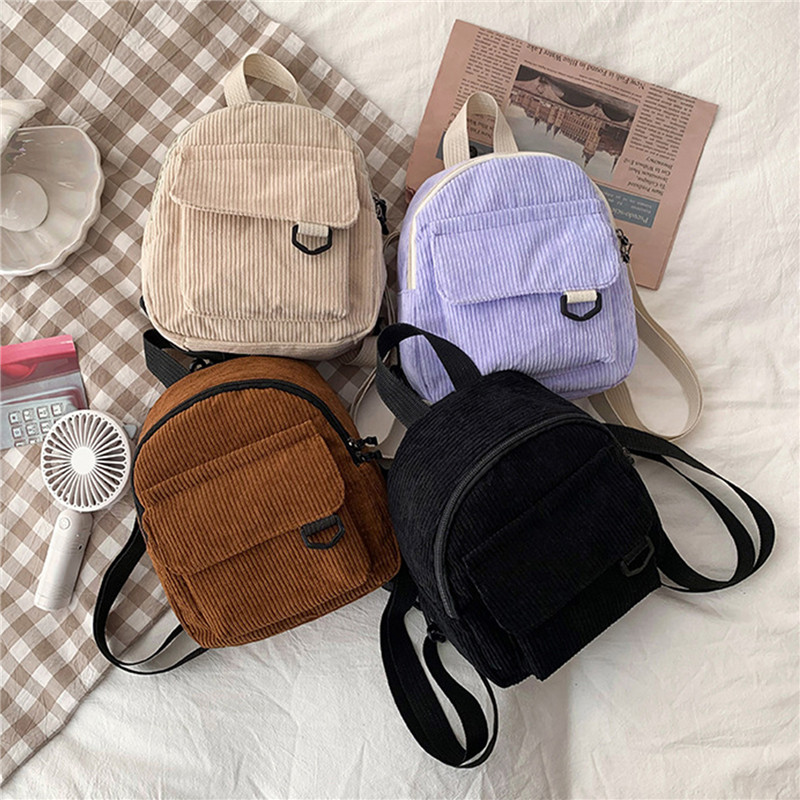 Fashion Backpack Women - Tas punggung Mini korduroi warna polos,